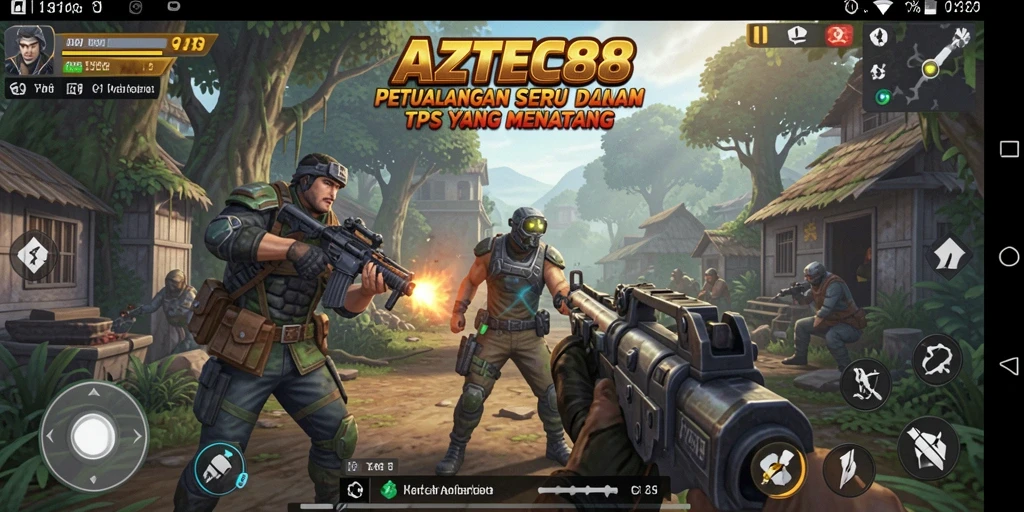 Tampilan gameplay AZTEC88 dengan aksi tembak-tembakan yang seru.