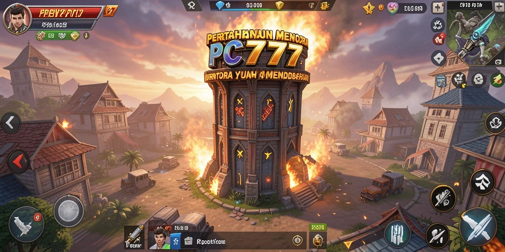 Screenshot gameplay PC777 menampilkan menara pertahanan yang siap melawan serangan musuh.